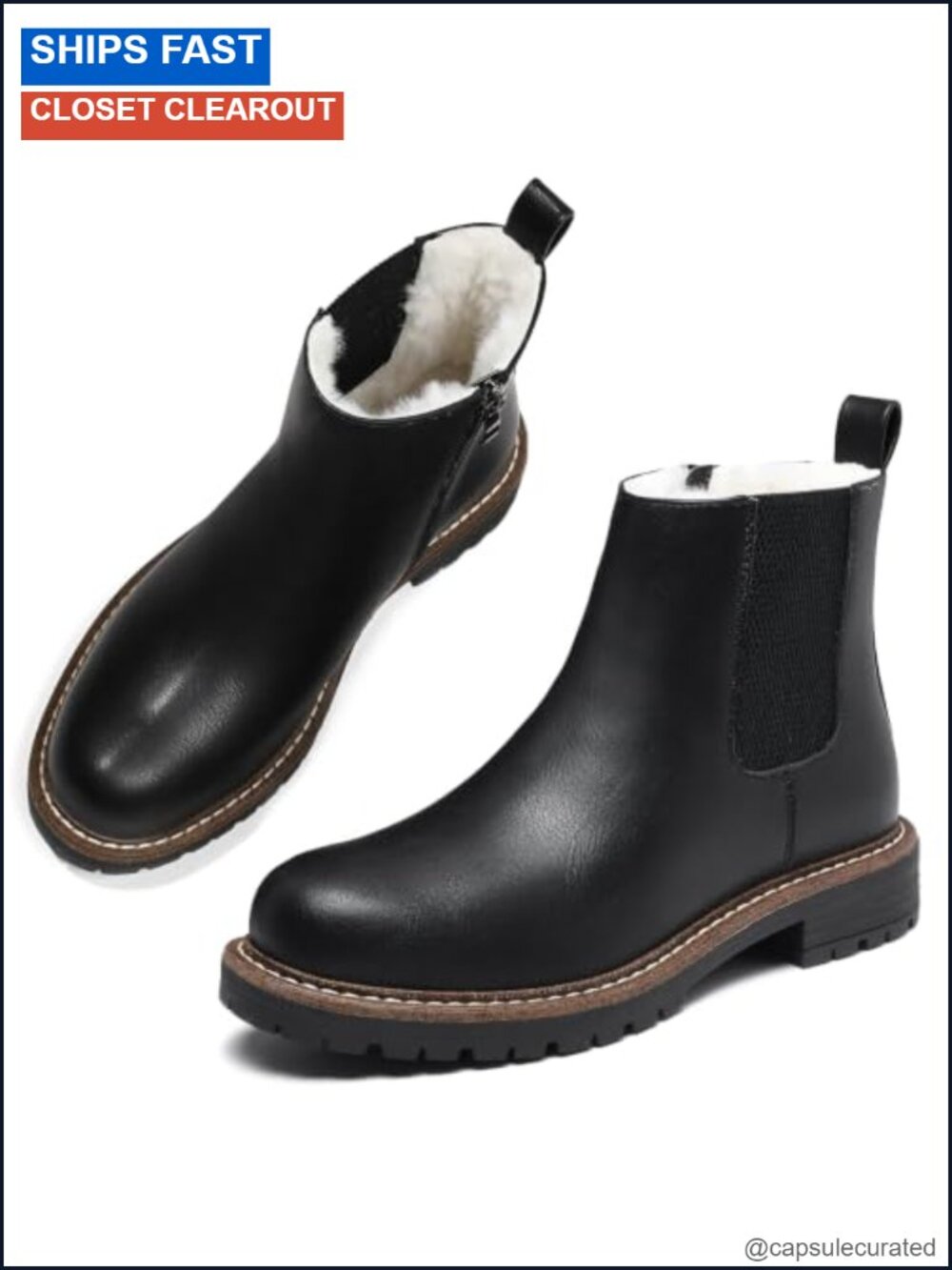 Women's Faux Leather Chelsea Boots Fur Lined Side Zip Ankle Winter Shoes